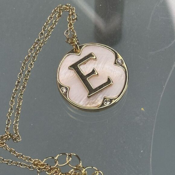 Gold Tone Initial " E " Rhinestone Medallion Pendant Necklace - Picture 2 of 7